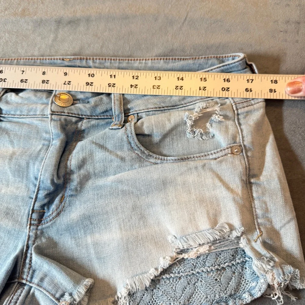 American Eagle Shortie Shorts 10 Blue Distressed Super Stretch X Lace Festival